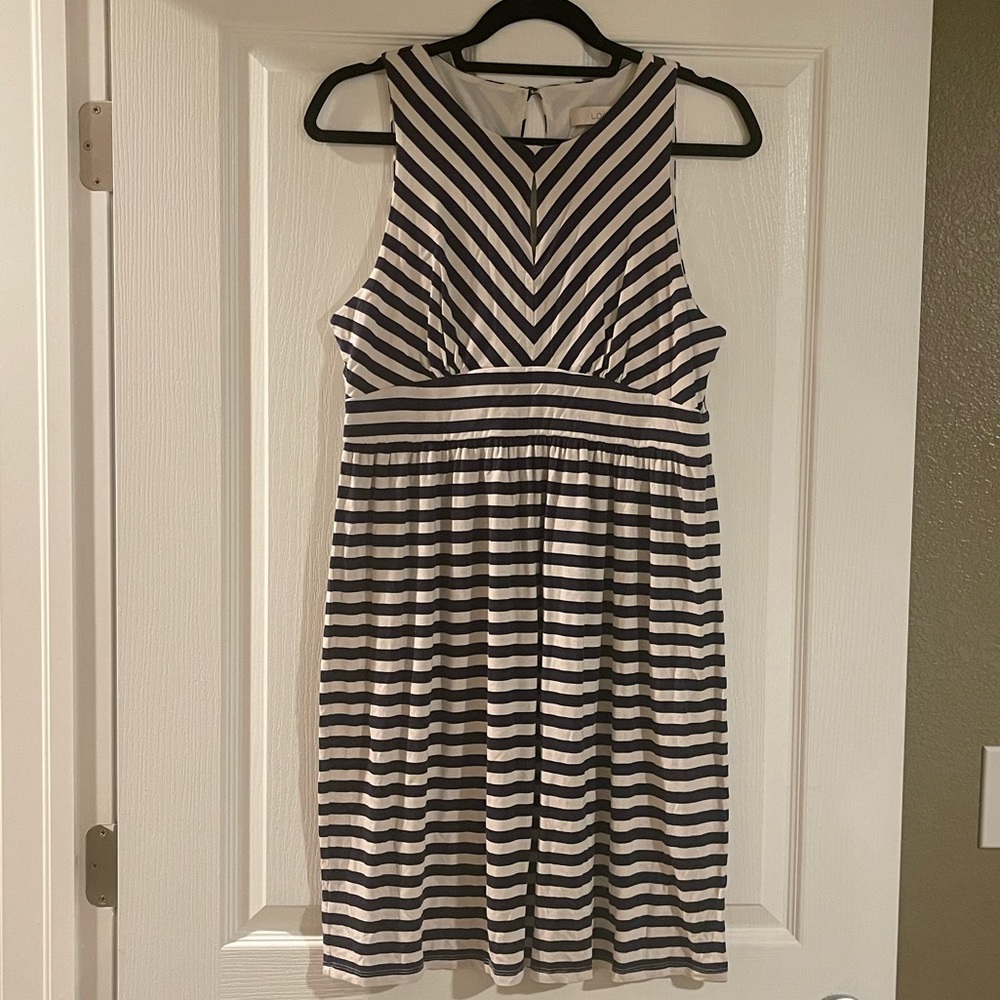 LOFT Knee Length Navy and White Dress